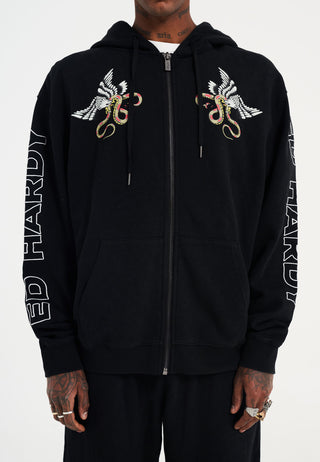 Mens Bamboo Snake And Eagle Battle Zip Thru Hoodie - Black