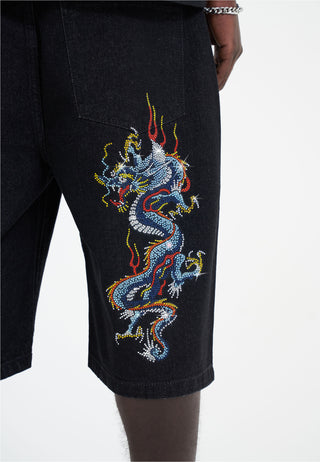 Mens Battle-Dragon Diamante Denim Jorts Shorts  - Black