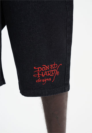 Mens Battle-Dragon Diamante Denim Jorts Shorts  - Black