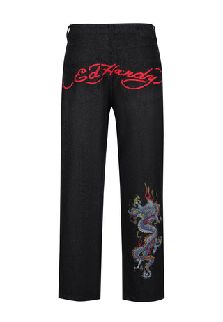 Herre Battle-Dragon Diamante Denim Bukser Jeans - Sort