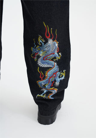 Heren Battle-Dragon Diamante Denim Broek Jeans - Zwart