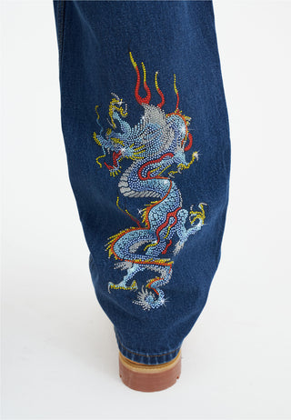 Heren Battle-Dragon Diamante Denim Broek Jeans - Indigo