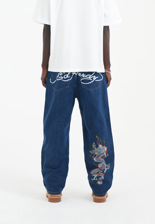 Herre Battle-Dragon Diamante Denim Bukser Jeans - Indigo