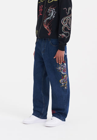 Calça jeans masculina Battle-Dragon Tattoo Baggy Jeans - Indigo