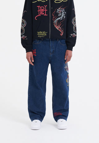 Męskie spodnie jeansowe z tatuażem Battle-Dragon Baggy Jeans - indygo