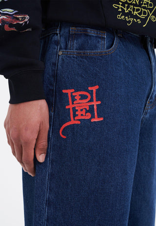 Herre Battle-Dragon Tattoo Denim Bukser Baggy Jeans - Indigo
