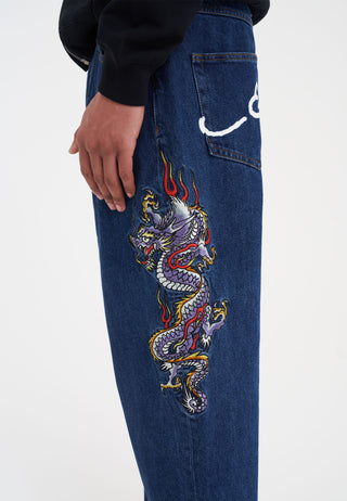 Pantaloni da uomo in denim con tatuaggio Battle-Dragon Jeans larghi - Indaco