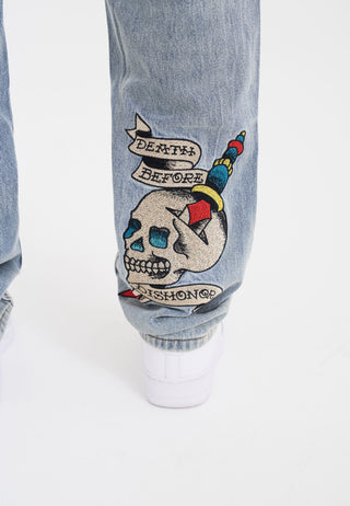 Mens Death Before Tattoo Graphic Denim Byxor Jeans - Blå