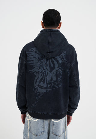 Mens Death Rider Denim Pouch Hoodie - Indigo