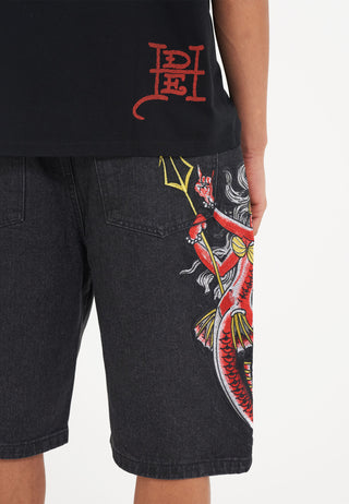 Mens Devil Mermaid Denim Jorts Shorts - Svart