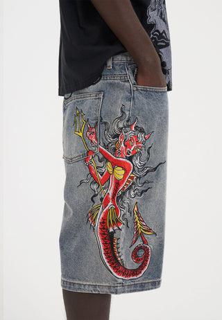 Herre Devil Mermaid Denim Jorts Shorts - Blå