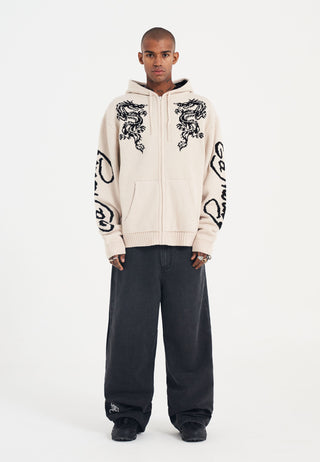 Mens Dragon Zip Thru Knitted Hoodie - Beige