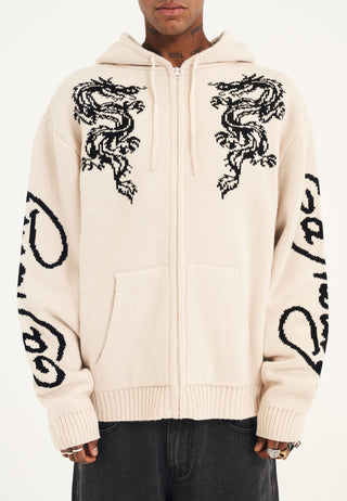 Mens Dragon Zip Thru Knitted Hoodie - Beige