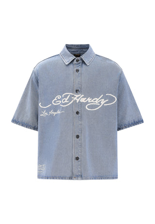 Mens Eagle And Stars Relaxed Denim Shirt - Bleach