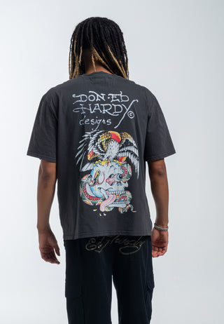 Męski T-shirt o swobodnym kroju z motywem orła i czaszką na plecach – grafitowy