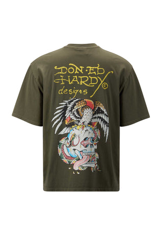 Męski T-shirt o swobodnym kroju z motywem orła i czaszką na plecach – zielony