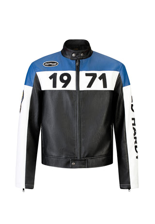 Herre ED-1971 Moto Biker Jacket- Svart/Blå/Hvit