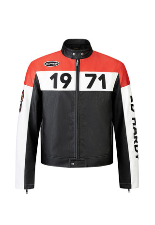 Mens ED-1971 Moto Biker Jacket- Black/Red/White