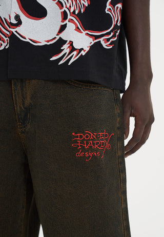 Mens Fireball Dragon Dirty Wash Denim Trousers Jeans - Brown
