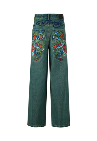 Herre Fireball Dragon Dirty Wash Denim Bukser Jeans - Grønn