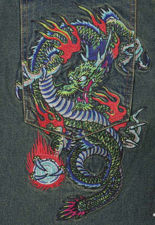 Mens Fireball Dragon Dirty Wash Denim Trousers Jeans - Green