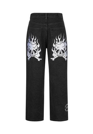 Heren Flaming Skull Relaxed Denim Broek Baggy Jeans - Zwart