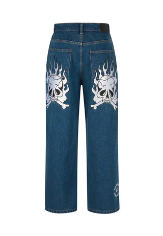 Calça jeans larga masculina Flaming Skull relaxada - Indigo
