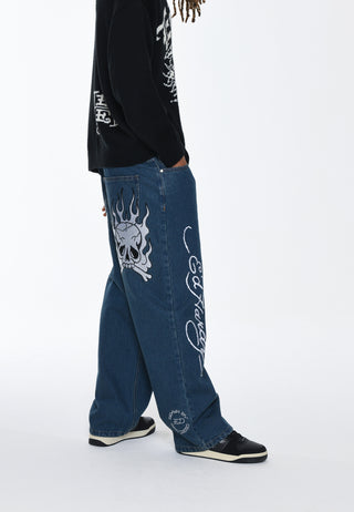 Mens Flaming Skull Relaxed Denim Trousers Baggy Jeans - Indigo
