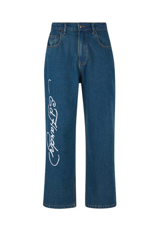 Męskie spodnie jeansowe Flaming Skull o swobodnym kroju Baggy Jeans - indygo