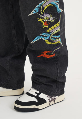 Mens Flying Dragon Carpenter Denim Trousers Jeans - Black