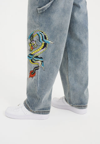 Heren Flying Dragon Carpenter Denim Broek Jeans - Blauw