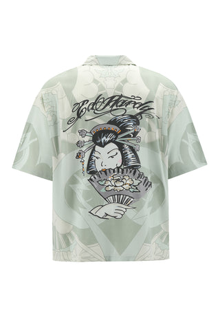 Herre Geisha Fan Camp kortærmet skjorte - lysegrøn/hvid