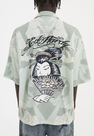 Herre Geisha Fan Camp kortærmet skjorte - lysegrøn/hvid