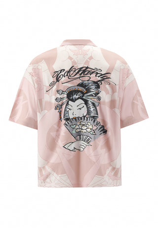 Heren Geisha Fan Camp overhemd met korte mouwen - roze/wit