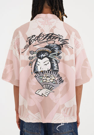 Herre Geisha Fan Camp kortermet skjorte - rosa/hvit