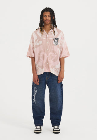 Camisa masculina de manga curta Geisha Fan Camp - rosa/branca