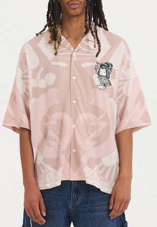 Heren Geisha Fan Camp overhemd met korte mouwen - roze/wit
