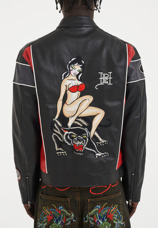 Jaqueta masculina de couro vegano Holly Panther para motocross - preta/vermelha