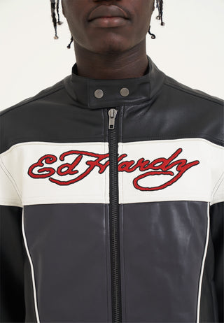 Mens Holly Panther Vegan Leather Motocross Jacket - Black/White