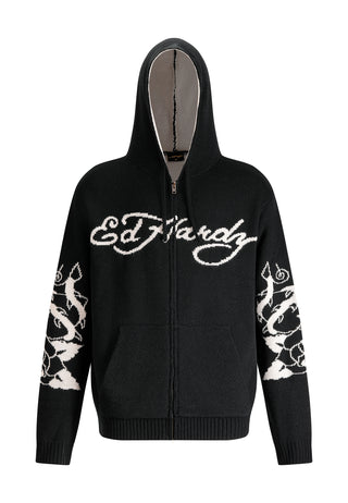 Mens Knitted Love Kills Knitted Zip Thru Hoodie - Black