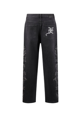 Mens Laser Etched Dragon Repeat Denim Trousers Jeans - Black