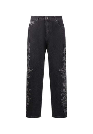 Mens Laser Etched Dragon Repeat Denim Trousers Jeans - Black