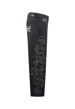 Mens Laser Etched Dragon Repeat Denim Trousers Jeans - Black