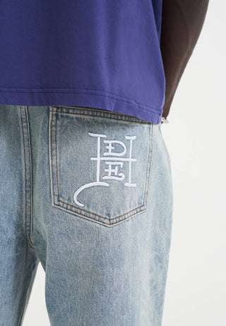 Mens Laser Etched Dragon Repeat Denim Trousers Jeans - Bleach