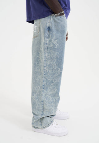 Mens Laser Etched Dragon Repeat Denim Trousers Jeans - Bleach