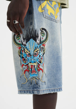 Mens Medusa Drag Denim Skater Jorts Shorts - Bleach