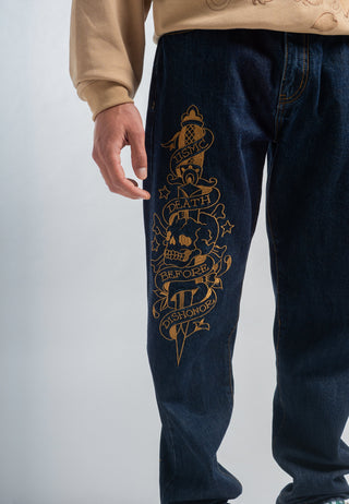 Mens Mono-Skull Tattoo Denim Trousers Jeans - Indigo