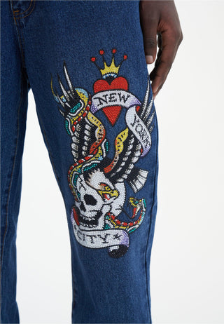 Mens Nyc-Skull Diamante Denim Trousers Jeans - Indigo