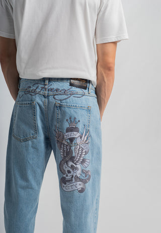 Mens Nyc-Skull-Tatt Embroidered Denim Trousers Jeans - Bleach