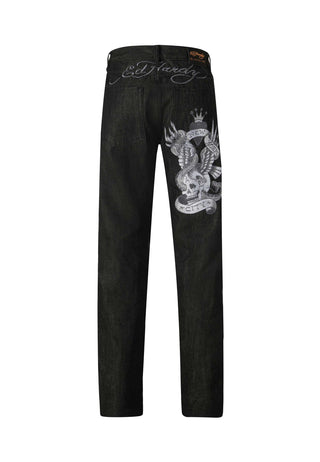 Mens Nyc-Skull-Tatt Embroidered Denim Trousers Jeans - Black